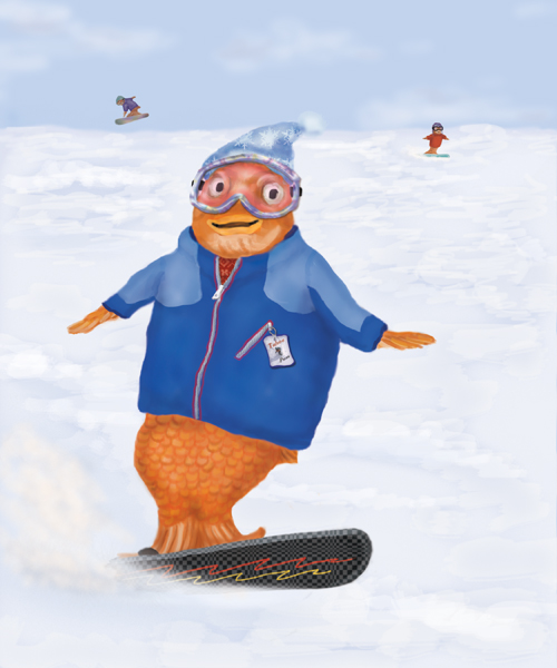 A giant goldfish is riding a snowboard down a ski slope at Lake Tahoe